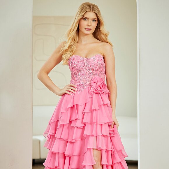 New Pink Ruffle Ceremonial Gown w/ Sequins Embroidery & Sheer Bodice AC 7087 - Picture 8 of 12